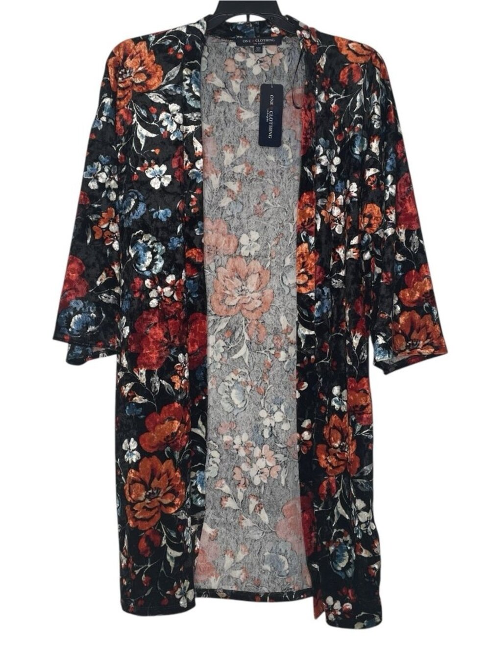 One Clothing Womens Duster Cardigan XS Floral Crushed Velvet 3/4 Sleeve NWT